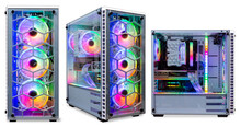 set collection of colorful custom gaming pc computer with dark tinted glass windows and rgb rainbow led lighting isolated white background