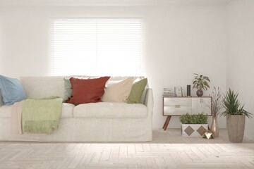 White living room with sofa. Scandinavian interior design. 3D illustration