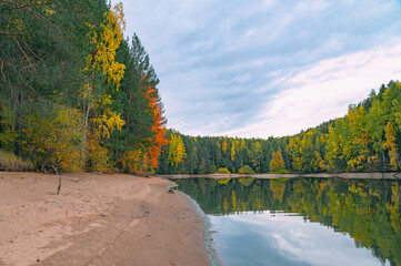 Wall Mural - panoramic view of the bright colorful trees along the bank of the kama river russia perm krai. autum