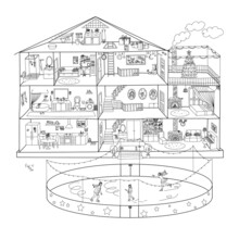 Christmas Coloring Book With Small Details.Cozy Big House With Rooms And A Skating Rink. Find The Cat In The Picture.People Are Skating On The Rink, Lots Of Filled Rooms - Great Coloring Page For Kids