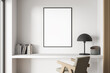 © ImageFlow - Niche desk with empty framed canvas on white bedroom wall