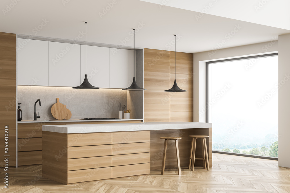 Corner of panoramic white kitchen with breakfast bar table Stock Photo ...