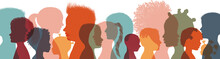 Heads Faces Colored Silhouettes Multicultural And Multiethnic Diversity Children In Profile. Concept Of Study Education And Learning. Kindergarten Or Elementary School Education. Banner