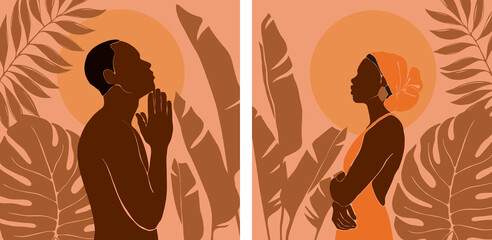 Wall Mural - Set of profile portrait african woman and man stands with large tropical monstera, banana, palm leaves. Night or morning landscape with sun or moon background. Vector illustration in Flat style.