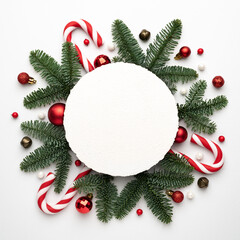 Wall Mural - white christmas background with fir branches, decorations and note paper