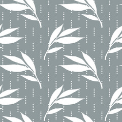 Wall Mural - Floral background with white leaves in hand drawn style. White leaves seamless pattern on grey. Foliage  background for paper, textile, wrapping and wallpaper.