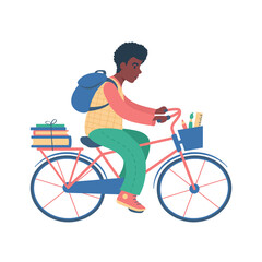 Wall Mural - Boy riding a bicycle to school. flat style illustration.