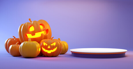 Wall Mural - Minimalist Halloween platform with pumpkins on purple background for product display in 3D rendering. Happy halloween advertising template