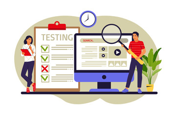 People testing software fixing bugs in hardware device. Application test and IT service concept. Vector illustration. Flat