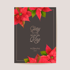 Wall Mural - Elegant Merry Christmas and New Year Card with Poinsettia Realistic Flowers, Floral Wreath