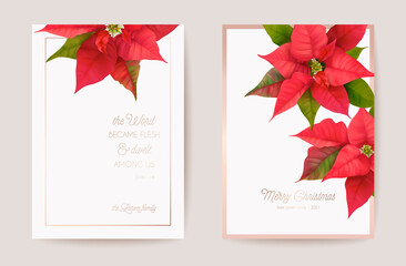 Wall Mural - Set of Elegant Merry Christmas and New Year Card with Poinsettia Realistic Flowers, Floral Wreath