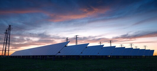 Wall Mural - Electrical grids. Solar farm with transmission towers in the background. 