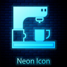 Glowing Neon Coffee Machine Icon Isolated On Brick Wall Background. Vector