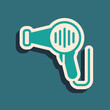 Green Hair dryer icon isolated on green background. Hairdryer sign. Hair drying symbol. Blowing hot air. Long shadow style. Vector