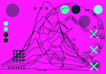 Aufkleber - 3D polygonal mountain landscape in retrofuturistic style. Concept of data visualization and  machine learning.