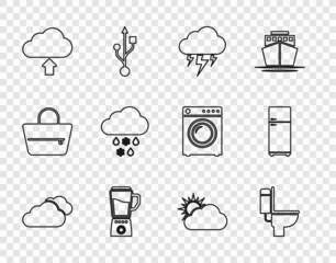 Sticker - Set line Cloud, Toilet bowl, Storm, Blender, upload, with snow and rain, Sun cloud weather and Refrigerator icon. Vector