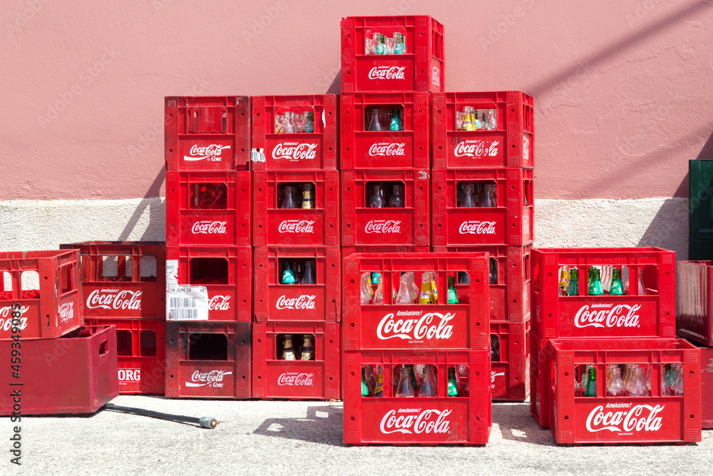 Corfu Island, Greece - September, 2021: Coca-cola red plastic