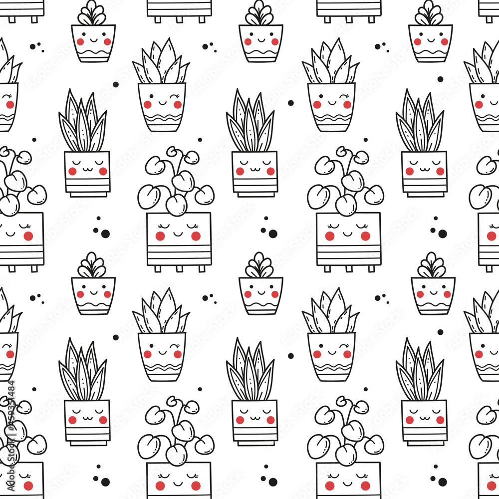Seamless vector pattern with silhouettes of cute plants in pots on a ...