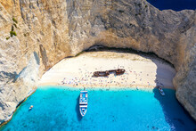 Greece Iconic Vacation Picture. Aerial Drone View Of The Famous Shipwreck Navagio Beach On Zakynthos Island, Greece