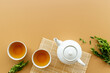 Asian tea set with white teapot and two cups, top view
