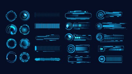 Sci Fi, HUD progress loading bars collection. Digital download progress or status bars of the digital interface head-up display, neon indicators of the download process. Loading bar design on display 