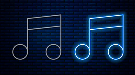 Sticker - Glowing neon line Music note, tone icon isolated on brick wall background. Vector