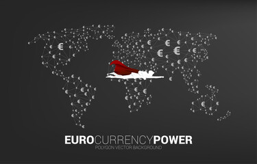 Poster - Silhouette of businessman fly with World Globe with money euro currency icon polygon dot connected line. Concept for power of euro currency in the world.