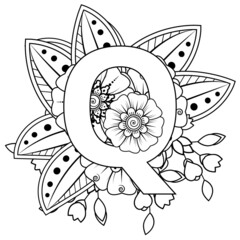 Letter Q with Mehndi flower. decorative ornament in ethnic oriental style. coloring book page. 