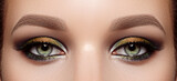 Closeup Macro of Woman Face with Green Eyes Make-up. Fashion Celebrate Makeup, Glowy Clean Skin, perfect Shapes of Brows