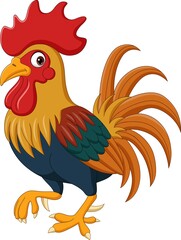 Wall Mural - Cartoon funny rooster on white background