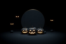 Halloween background with scary faces pumpkins are glowing in dark. Black and gold template for Halloween. 3d render 3d illustration.
