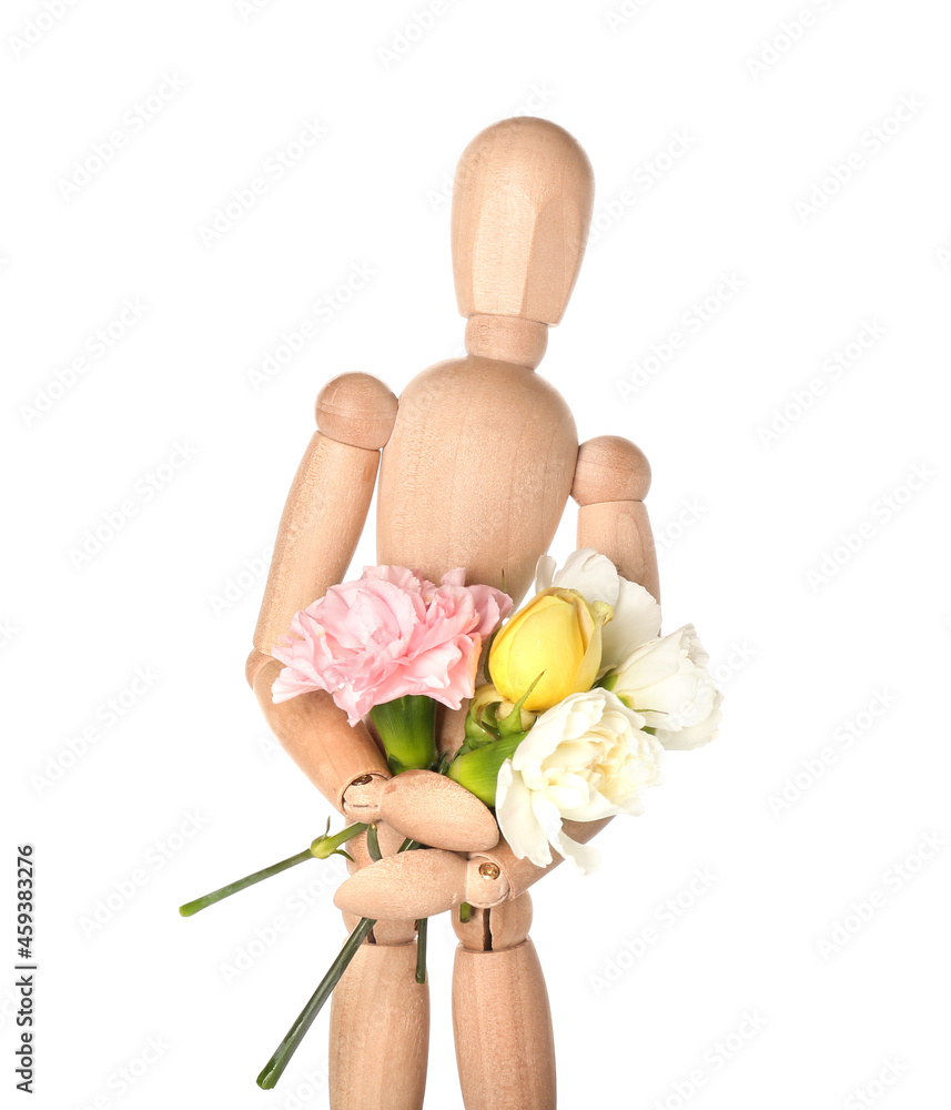 Wooden mannequin with flowers on white background