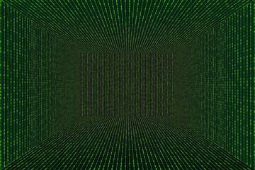 3d Grid perspective room in matrix technology style. Virtual reality tunnel or wormhole. Abstract binary computer code background