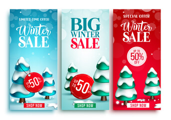 Wall Mural - Winter sale vector poster set. Winter sale limited time offer text up to 50% off special discount for seasonal business promotion banner ads design. Vector illustration.
