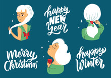 The Set Of Winter Girls And Happy Holidays Quotes. The Collection Women Are Good For Merry Christmas Designs, Logos, Stickers, Etc. The Ladies Are A Vector Illustration