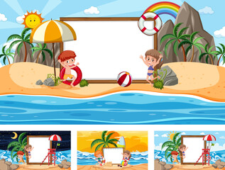 Sticker - Set of blank banner in different tropical beach scenes