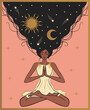 girl in lotus position meditates the universe in her hair, sun and moon, yoga magic