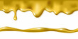 Golden seamless dripping isolated on white background. Melted gold icing or oil drop flow. Realistic 3d horizontal leaking syrup dripping. Top edge border