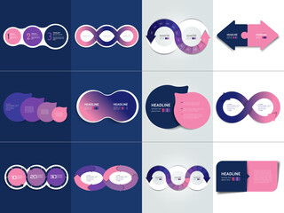 Mega set of two, three steps infographic templates, diagrams, graph, presentations. Vector.