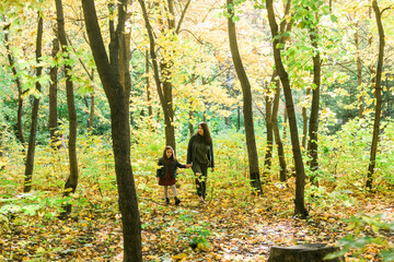 Wall Mural - Asian mother and daughter walking holding hands at park. They are wearing warm clothes. Single parent lifestyle concept