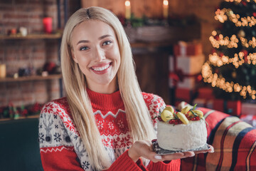 Canvas Print - Photo of young cheerful girl happy positive smile new year spirit cake yummy sugar tasty sweet indoors