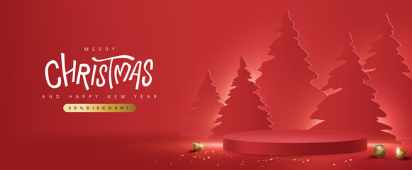 Wall Mural - merry christmas banner with product display cylindrical shape and christmas tree paper cut style