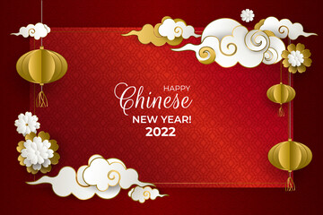 Wall Mural - Happy Chinese New Year 2022. Greeting card with gold and white clouds, lanterns, flowers on red background. Asian patterns. For holiday invitations, poster, banner. Paper style. Vector illustration.