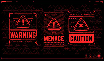 Wall Mural - Conceptual Layout with HUD elements. Warning and alert attention signs. Lettering with futuristic user interface elements. Caution futuristic ski-fi UI design elements in modern technology style.