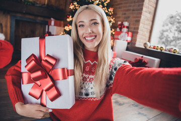 Sticker - Photo of young cheerful girl happy positive smile make selfie present box winter holiday christmas spirit indoors