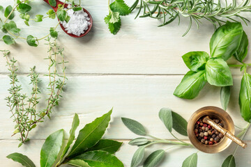 Cooking with herbs flat lay frame with copy space. Salt, pepper, and aromatic herbs, top shot. Basil, rosemary, thyme, sage, oregano, and bay leaf