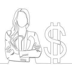 Wall Mural - Continuous line drawn art businesswoman and dollar