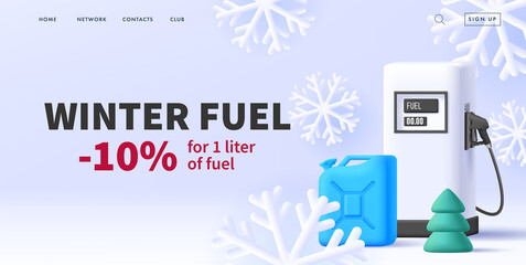 Winter sale banner for gas station with 3d render illustration of gas equipment with oil can and christmas tree with snowflakes