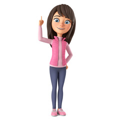 Wall Mural - The cartoon character girl in a pink jacket has an idea. 3d render illustration.