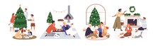 Christmas Set With Happy Families With Children At Home, Preparing Xmas Gifts, Letters And Decorating Fir Tree. Preparation For Winter Holidays. Flat Vector Illustrations Isolated On White Background
